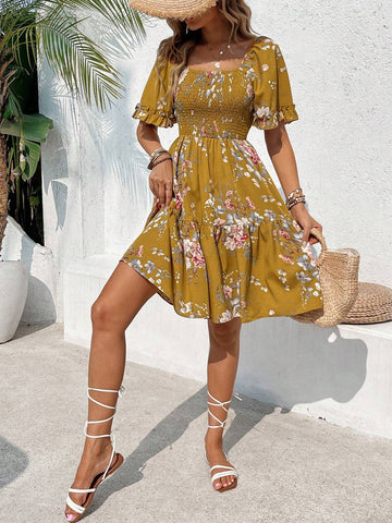 Summer Casual Floral Print V-Neck Ruffle Edge Hem Swing Dress