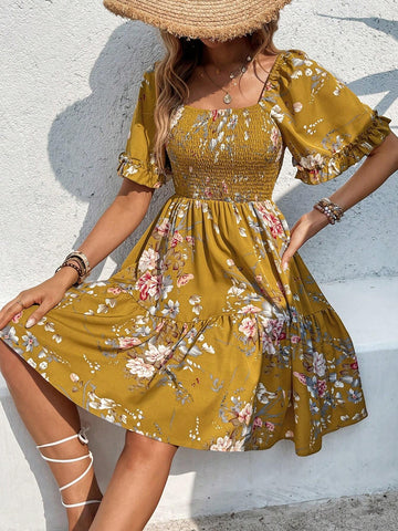 Summer Casual Floral Print V-Neck Ruffle Edge Hem Swing Dress
