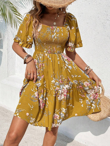 Summer Casual Floral Print V-Neck Ruffle Edge Hem Swing Dress