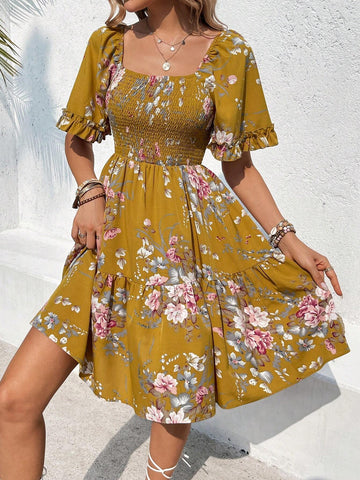 Summer Casual Floral Print V-Neck Ruffle Edge Hem Swing Dress