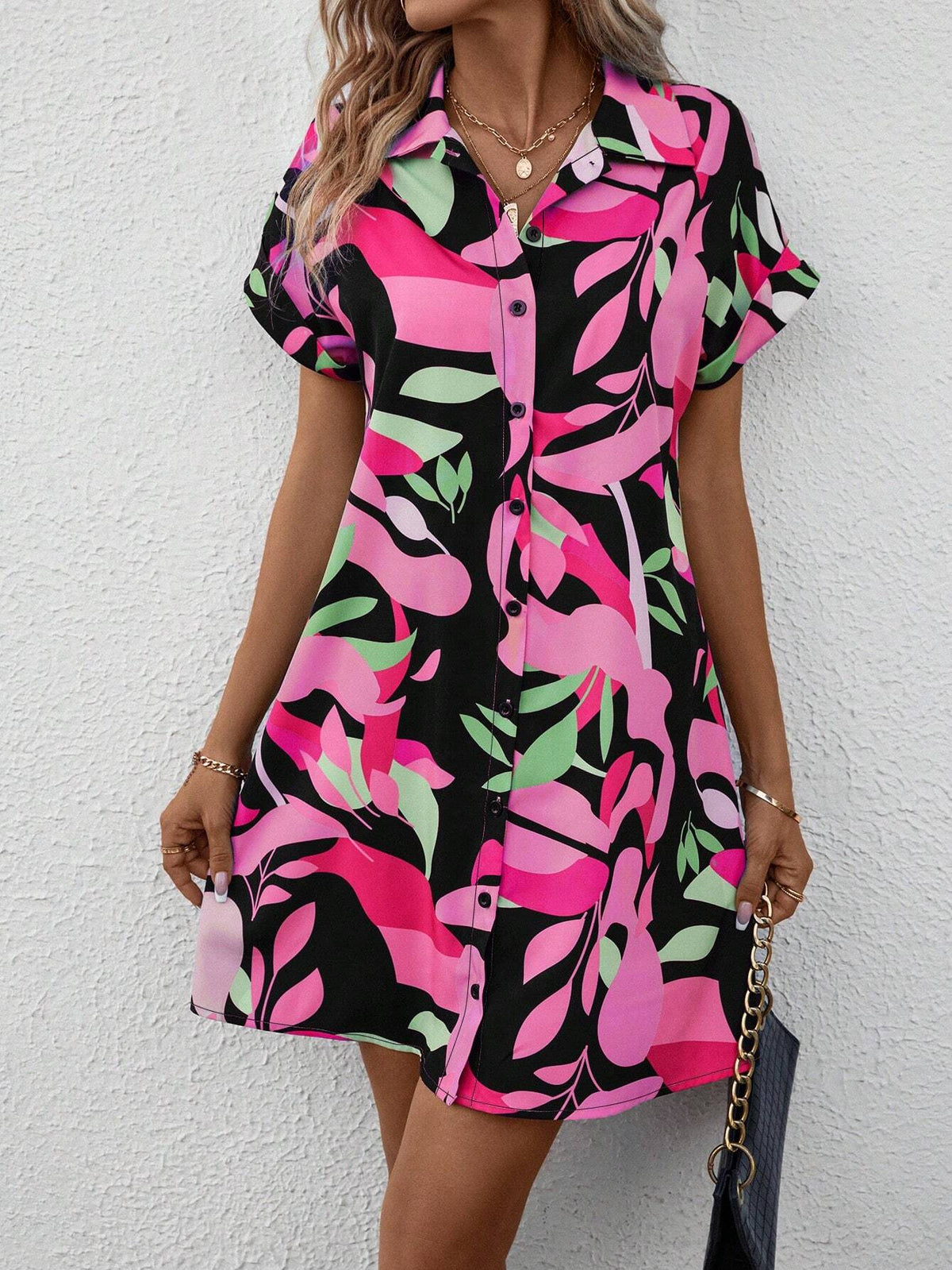 Summer Casual Plant Printed Button Front Shirt Dress