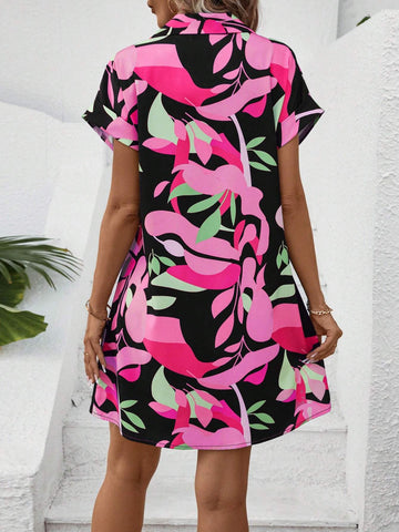 Summer Casual Plant Printed Button Front Shirt Dress