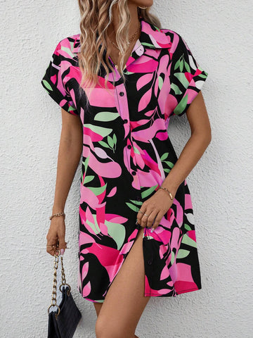 Summer Casual Plant Printed Button Front Shirt Dress