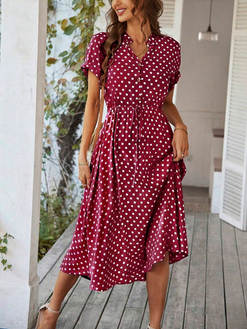 Summer Casual Polka Dot Printed Drawstring Waist Short Sleeve Dress