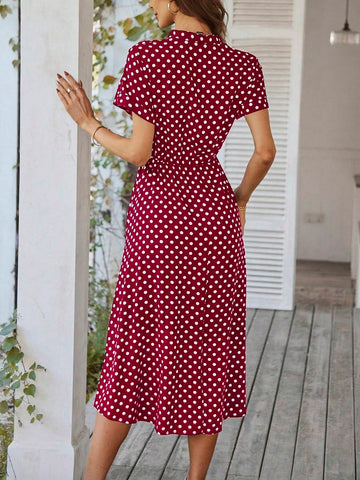 Summer Casual Polka Dot Printed Drawstring Waist Short Sleeve Dress