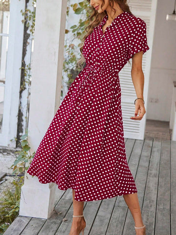 Summer Casual Polka Dot Printed Drawstring Waist Short Sleeve Dress