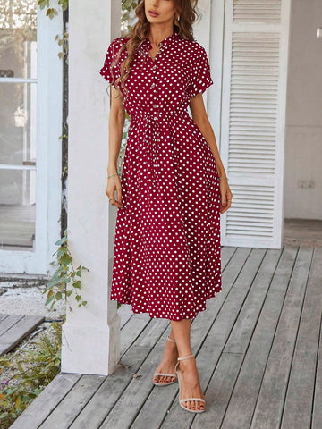Summer Casual Polka Dot Printed Drawstring Waist Short Sleeve Dress