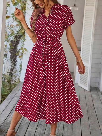 Summer Casual Polka Dot Printed Drawstring Waist Short Sleeve Dress