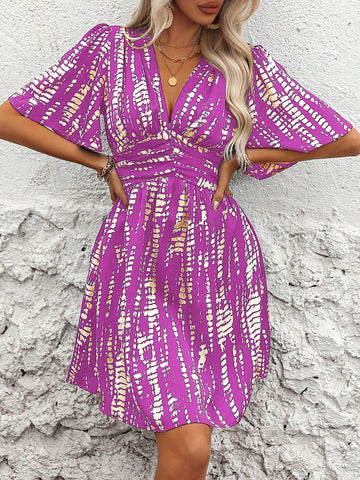 Summer Casual Ruched Ruched Sleeve Allover Print Cinched Waist A-Line Dress