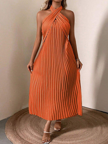 Summer Casual Solid Color Pleated Halter Backless Dress