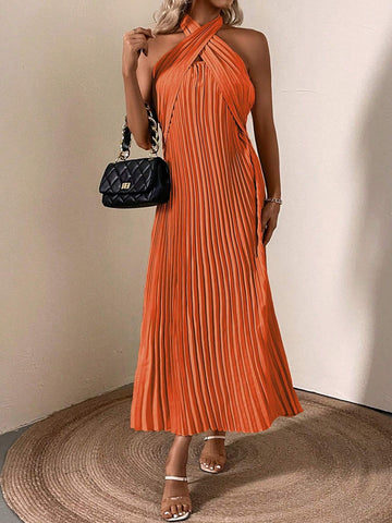 Summer Casual Solid Color Pleated Halter Backless Dress
