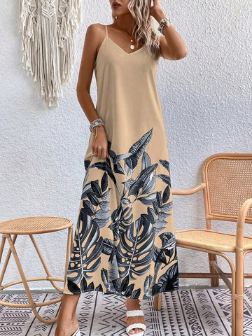 Summer Casual V-Neck Leaf Printed Spaghetti Strap Dress SKU: sz240308555