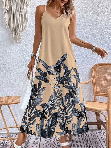 Summer Casual V-Neck Leaf Printed Spaghetti Strap Dress SKU: sz240308555