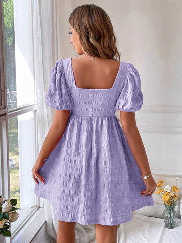 Summer Fashion Square Neckline Puff Sleeve A-Line Dress With Waist Cinching