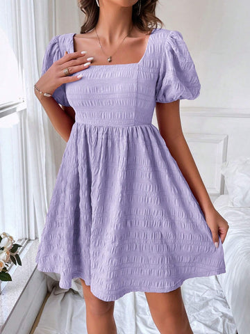 Summer Fashion Square Neckline Puff Sleeve A-Line Dress With Waist Cinching