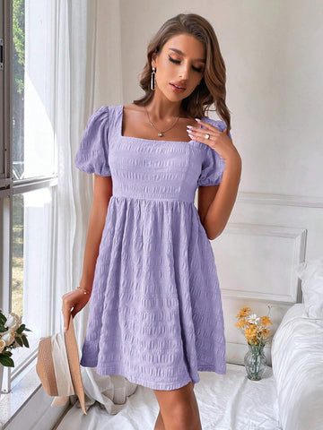 Summer Fashion Square Neckline Puff Sleeve A-Line Dress With Waist Cinching