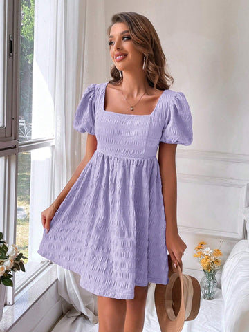 Summer Fashion Square Neckline Puff Sleeve A-Line Dress With Waist Cinching
