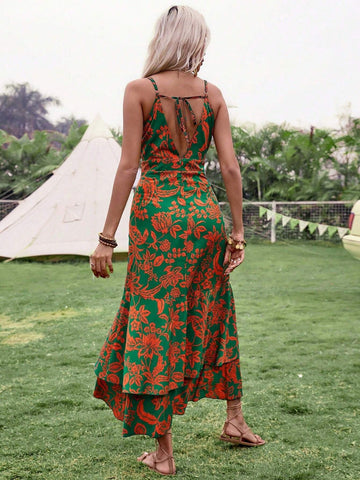 Summer Holiday Asymmetrical Hem Floral Print Spaghetti Strap Dress