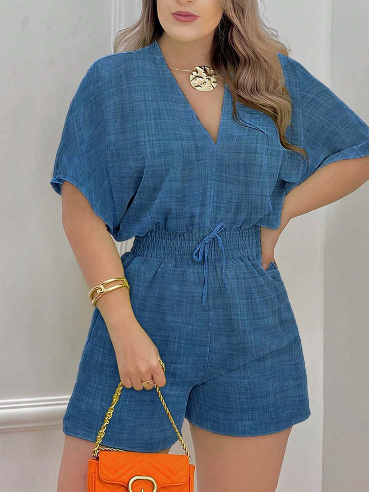 Summer Holiday Bamboo Section Shuttle Woven Denim-Like Batwing Sleeve V-Neck Drawstring Waist Romper Shorts