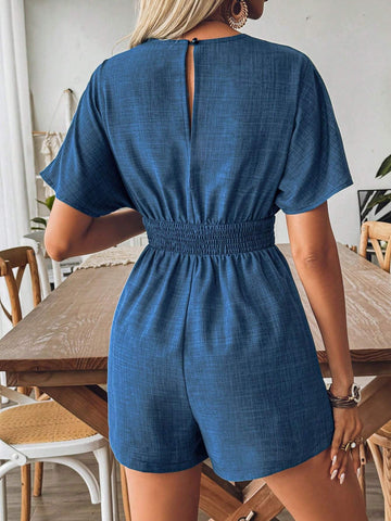 Summer Holiday Bamboo Section Shuttle Woven Denim-Like Batwing Sleeve V-Neck Drawstring Waist Romper Shorts