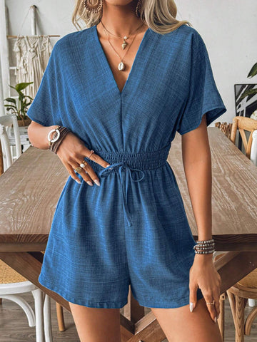 Summer Holiday Bamboo Section Shuttle Woven Denim-Like Batwing Sleeve V-Neck Drawstring Waist Romper Shorts