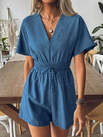 Summer Holiday Bamboo Section Shuttle Woven Denim-Like Batwing Sleeve V-Neck Drawstring Waist Romper Shorts
