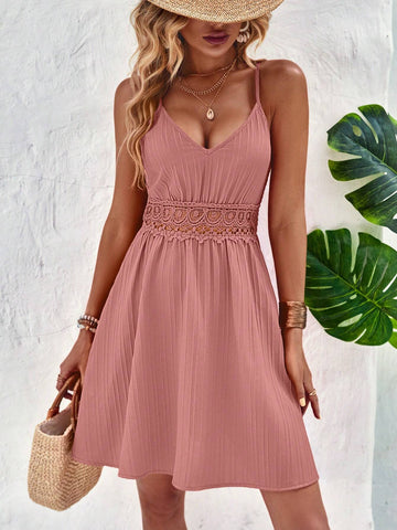 Summer Holiday Lace Splicing Waist Cinched Cami Dress