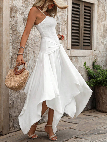 Summer Holiday Solid Color Front Button Tie-Up Handkerchief Hem Women's Cami Long Dress