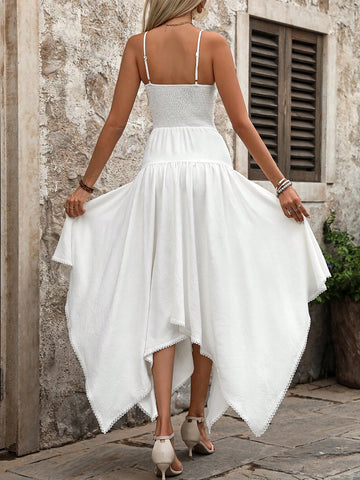 Summer Holiday Solid Color Front Button Tie-Up Handkerchief Hem Women's Cami Long Dress