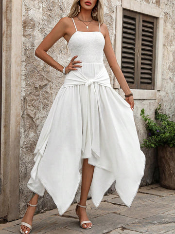 Summer Holiday Solid Color Front Button Tie-Up Handkerchief Hem Women's Cami Long Dress