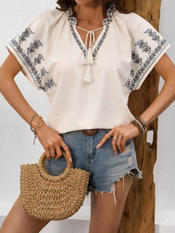 VCAY Summer Printed Batwing Sleeve V-Neck Tassel Tie Women's Blouse