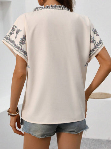 VCAY Summer Printed Batwing Sleeve V-Neck Tassel Tie Women's Blouse