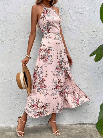 Summer Random Floral Print Split Halter Neck Dress