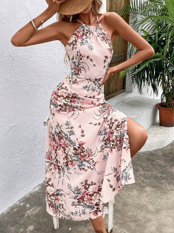 Summer Random Floral Print Split Halter Neck Dress