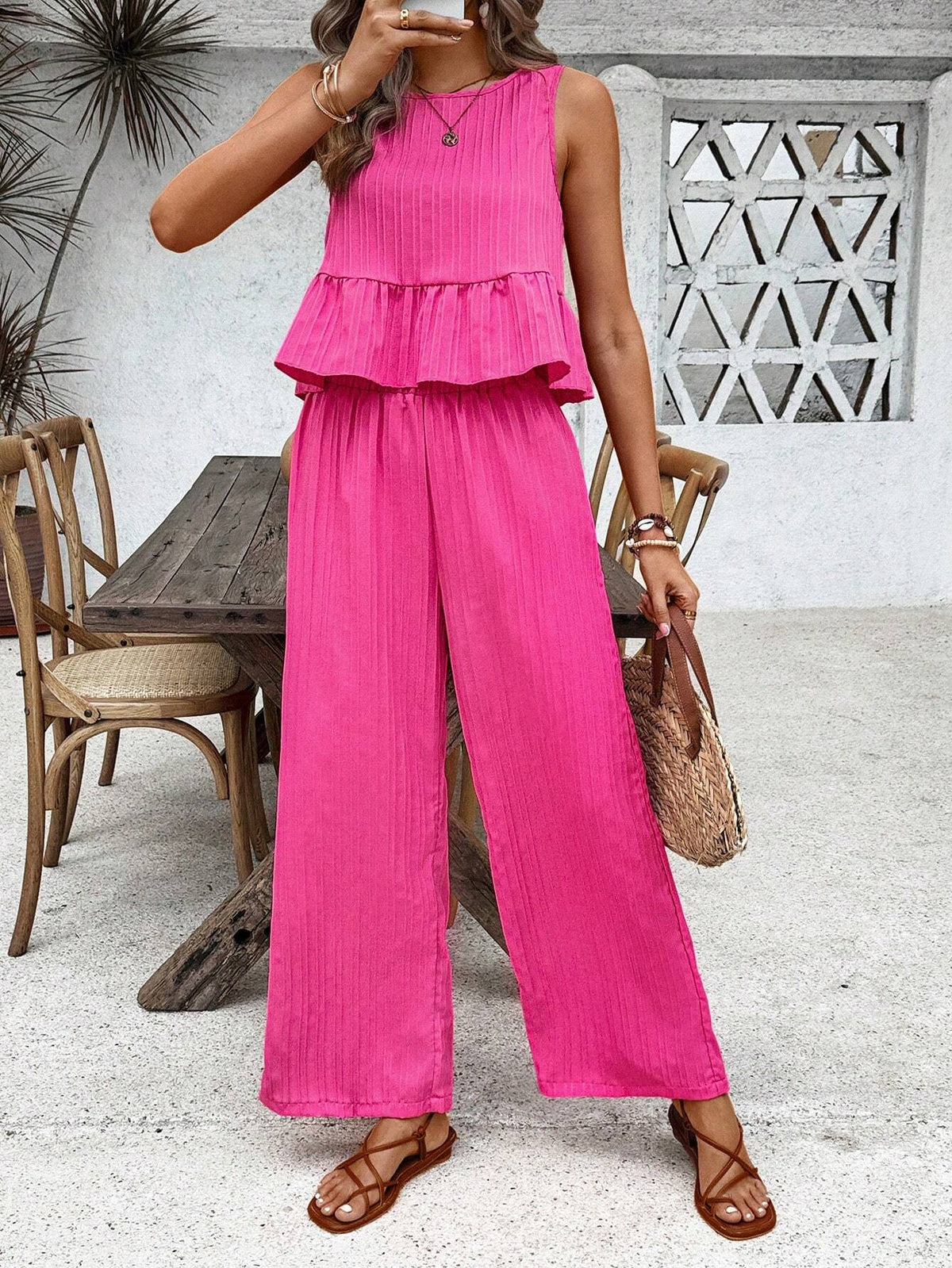 Summer Solid Color Round Neck Ruffle Hem Sleeveless Top + Long Pants Two Piece Set