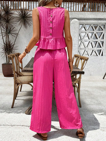 Summer Solid Color Round Neck Ruffle Hem Sleeveless Top + Long Pants Two Piece Set