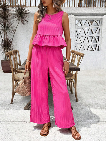 Summer Solid Color Round Neck Ruffle Hem Sleeveless Top + Long Pants Two Piece Set