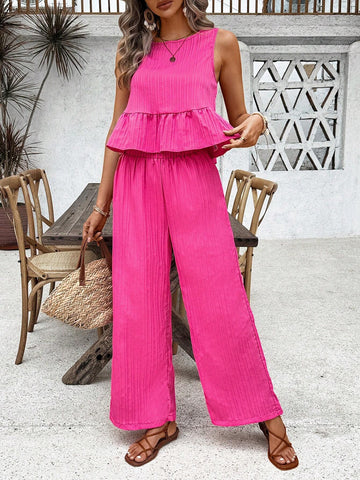 Summer Solid Color Round Neck Ruffle Hem Sleeveless Top + Long Pants Two Piece Set