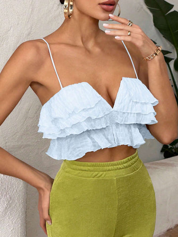 VCAY Summer Solid Ruffle Hem Cami Corset White Top