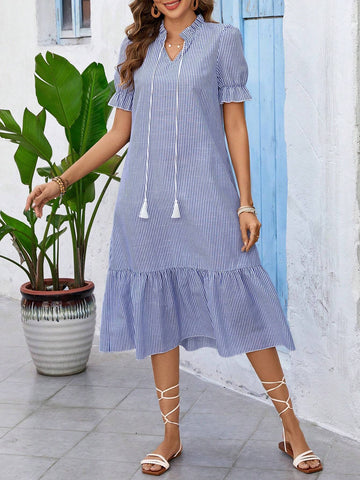 Summer Striped Dress With Knotted Neckline, Ruffle Hem