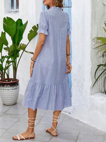 Summer Striped Dress With Knotted Neckline, Ruffle Hem