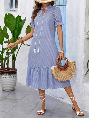 Summer Striped Dress With Knotted Neckline, Ruffle Hem
