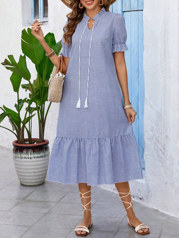Summer Striped Dress With Knotted Neckline, Ruffle Hem