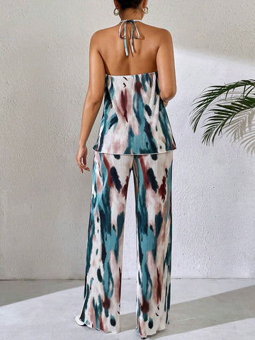 Summer Tie-Dye Sleeveless Top With Pleats And Elastic Waist Straight Leg Pants Two-Piece Set For Vacation