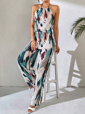 Summer Tie-Dye Sleeveless Top With Pleats And Elastic Waist Straight Leg Pants Two-Piece Set For Vacation