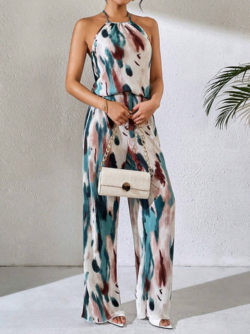 Summer Tie-Dye Sleeveless Top With Pleats And Elastic Waist Straight Leg Pants Two-Piece Set For Vacation