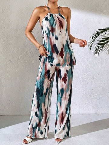 Summer Tie-Dye Sleeveless Top With Pleats And Elastic Waist Straight Leg Pants Two-Piece Set For Vacation