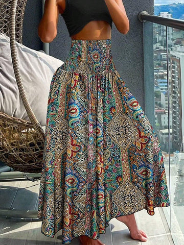 VCAY Summer Vacation Bohemian Style Vintage Printed High Waist Skirt For Women