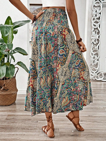 VCAY Summer Vacation Bohemian Style Vintage Printed High Waist Skirt For Women