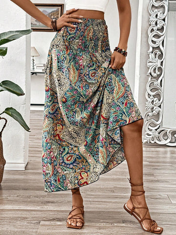 VCAY Summer Vacation Bohemian Style Vintage Printed High Waist Skirt For Women